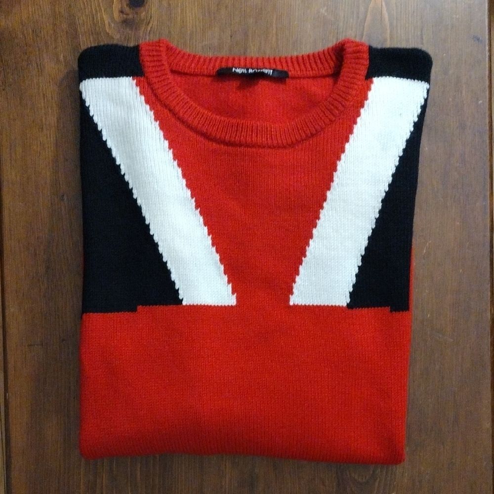Neil Barrett Oversize Fit Modernist Alpaca Wool Sweater, Large, Red/Black/White - Picture 7 of 9
